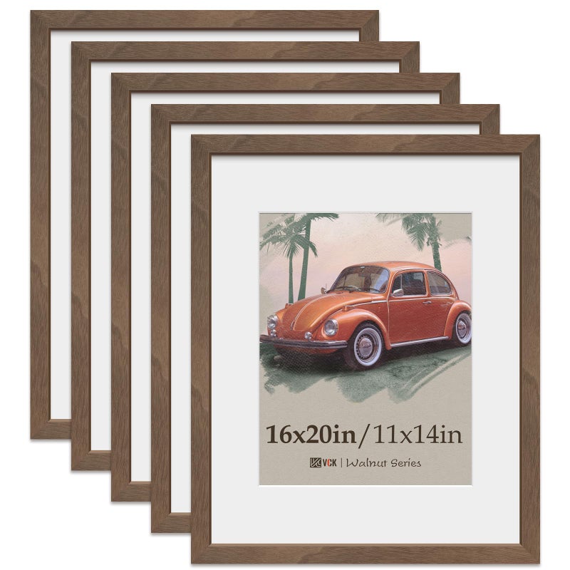 VCK 16x20 Picture Frame 5 Pack Natural Wood Grain Brown Walnut  HD Glass Display 11x14 Poster with Mat or 16x20 without Mat Wall Hanging