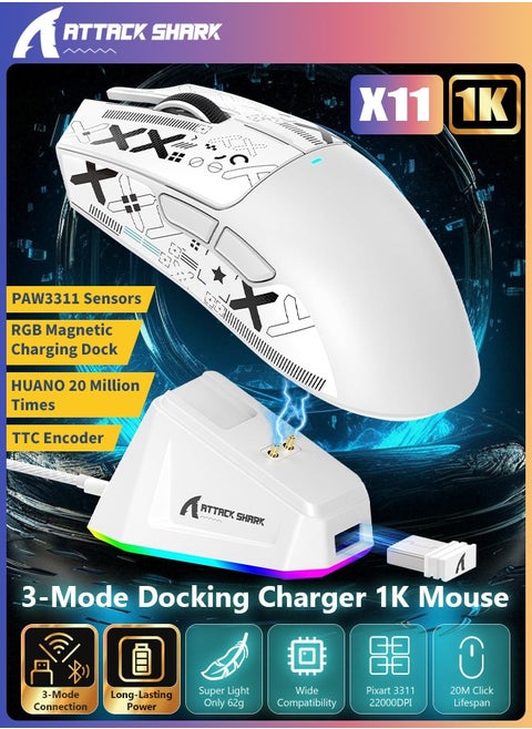 X11 Tri-mode Bluetooth Wireless Gaming Mouse with with Magnetic Charging Dock, Lightweight Anti Slip Mouse, PixArt PAW3311 Sensor, 22K DPI, BT/2.4Ghz/Wired, for PC/MAC