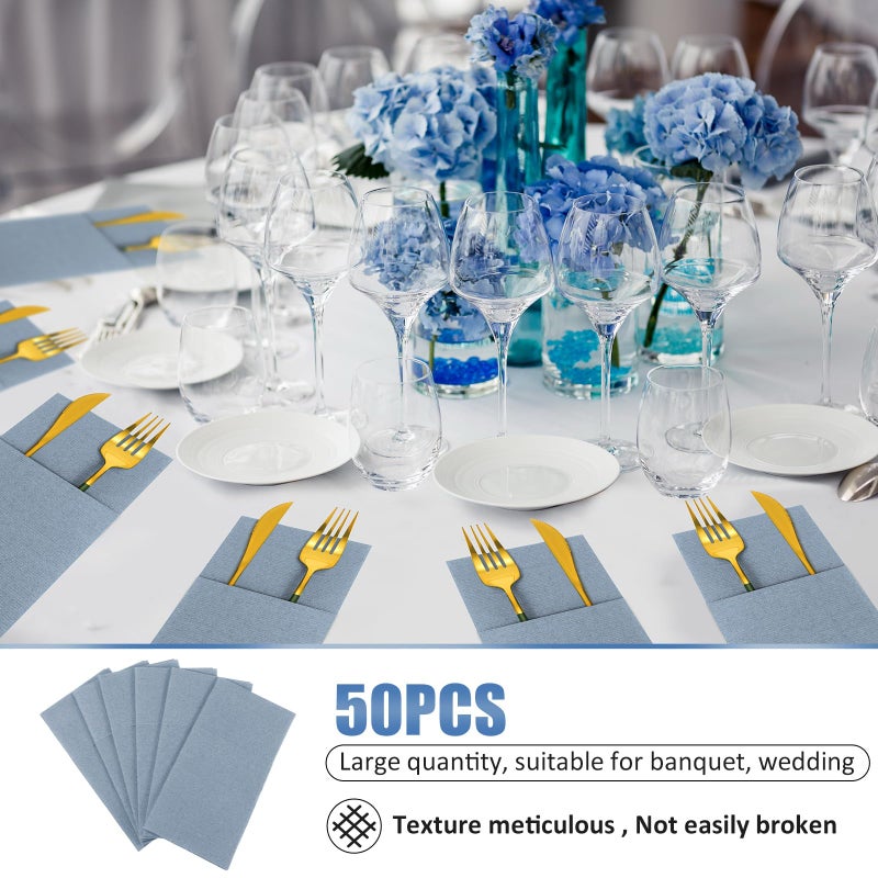Qilery Linen Feel Napkins  Disposable Airlaid Paper Napkins Prefolded Dinner Napkins with Built in Flatware Pocket for Silverware Valentine Wedding Party Christmas Day  Dusty Blue (50 Pieces) - Image 5