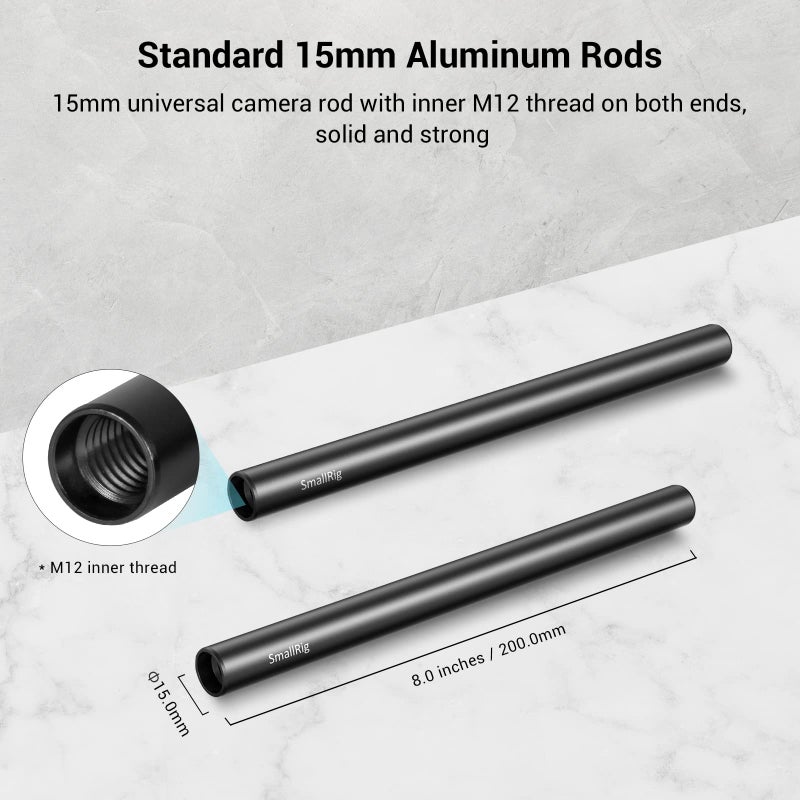 SmallRig 8 Inches (20 cm) Black Aluminum Alloy 15mm Rod with M12 Female Thread, Pack of 2-1051 - Image 2