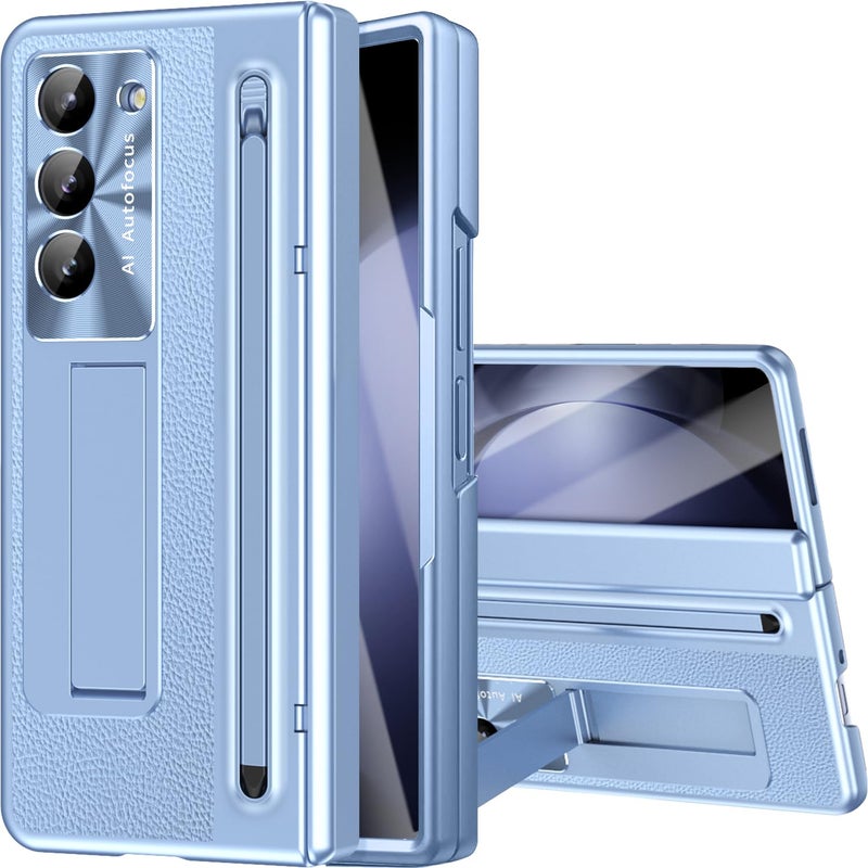 NINKI for Samsung Galaxy Z Fold 5 Case with S Pen & S Pen Holder, Kickstand & Front Screen Protector Hinge Electroplating Leather Phone Cover for Z Fold 5 Case with Stand and Stylus â€“ Blue - Image 1