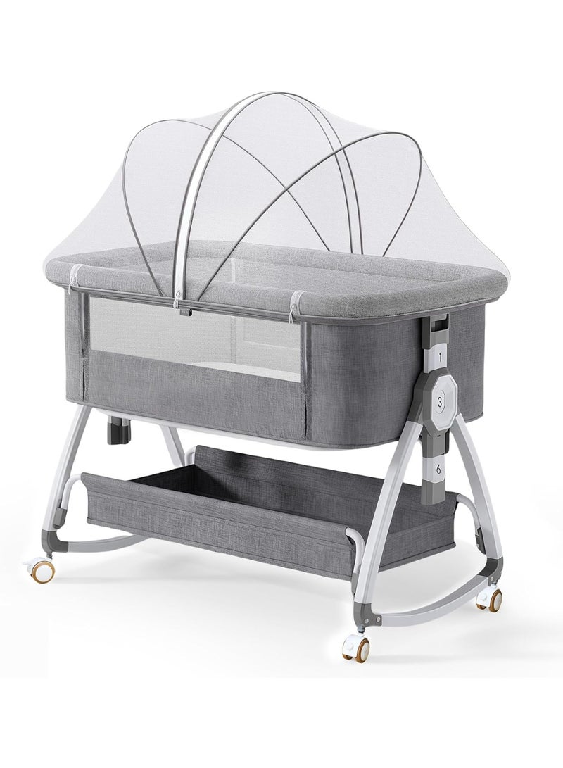 4 in 1 Baby Bassinet & Bedside Sleeper with Soft Mattress, Ultra-Breathable & Washable, Removable Mosquito Net, 6 Height Adjustable, Rocking Mode, Storage Basket, Wheels, Easy Assemble & Folding  - Image 1