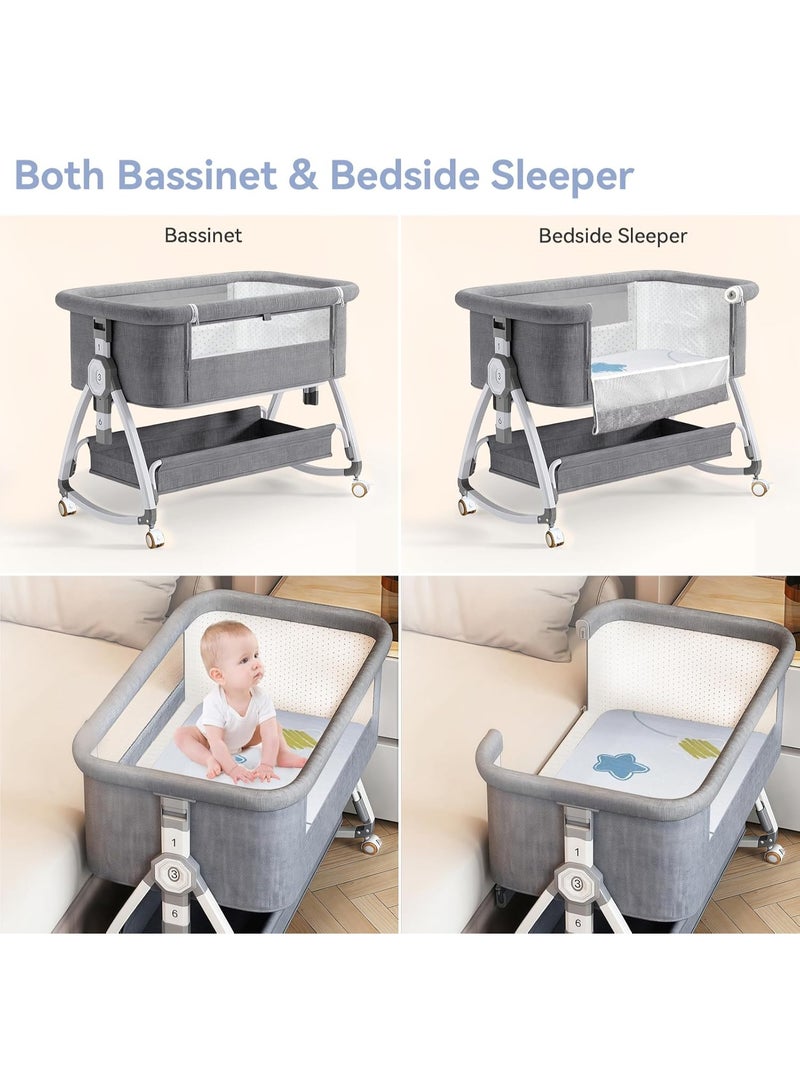 4 in 1 Baby Bassinet & Bedside Sleeper with Soft Mattress, Ultra-Breathable & Washable, Removable Mosquito Net, 6 Height Adjustable, Rocking Mode, Storage Basket, Wheels, Easy Assemble & Folding  - Image 3