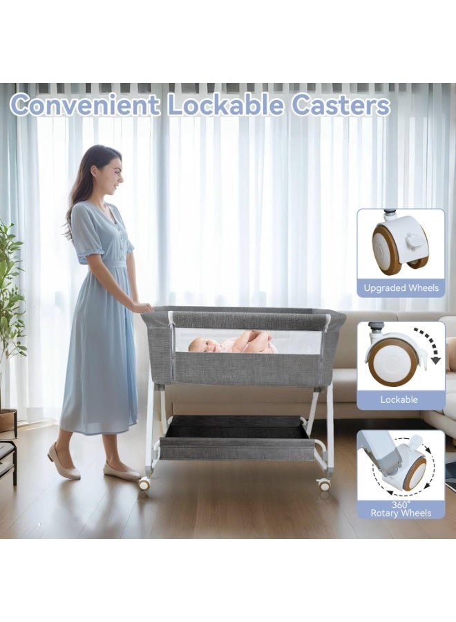 4 in 1 Baby Bassinet & Bedside Sleeper with Soft Mattress, Ultra-Breathable & Washable, Removable Mosquito Net, 6 Height Adjustable, Rocking Mode, Storage Basket, Wheels, Easy Assemble & Folding  - Image 4