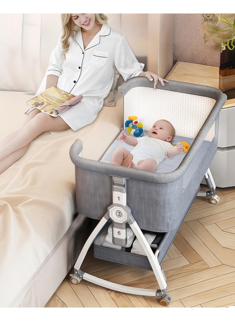 4 in 1 Baby Bassinet & Bedside Sleeper with Soft Mattress, Ultra-Breathable & Washable, Removable Mosquito Net, 6 Height Adjustable, Rocking Mode, Storage Basket, Wheels, Easy Assemble & Folding  - Image 5