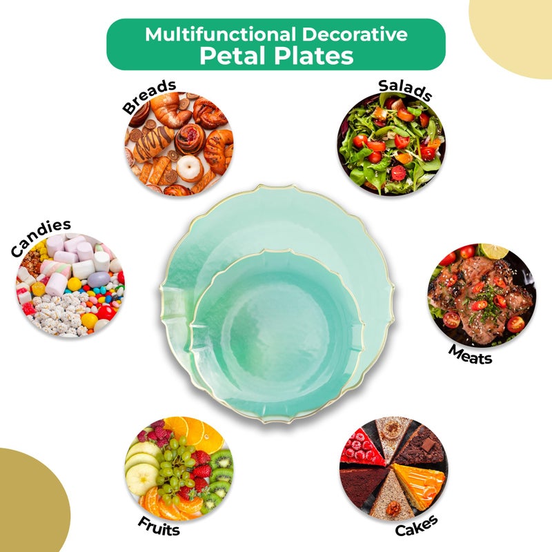 Exquisite Tinted Plates 80 Piece Plastic Disposable Plates for Party Set For 40 Guests 40 X 7.5 Dessert Plates & 40 X 10 Thin Delicate Fancy Plastic Plates Disposable Dinnerware Mint Gold Rim - Image 3