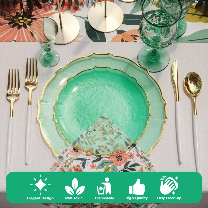 Exquisite Tinted Plates 80 Piece Plastic Disposable Plates for Party Set For 40 Guests 40 X 7.5 Dessert Plates & 40 X 10 Thin Delicate Fancy Plastic Plates Disposable Dinnerware Mint Gold Rim - Image 4
