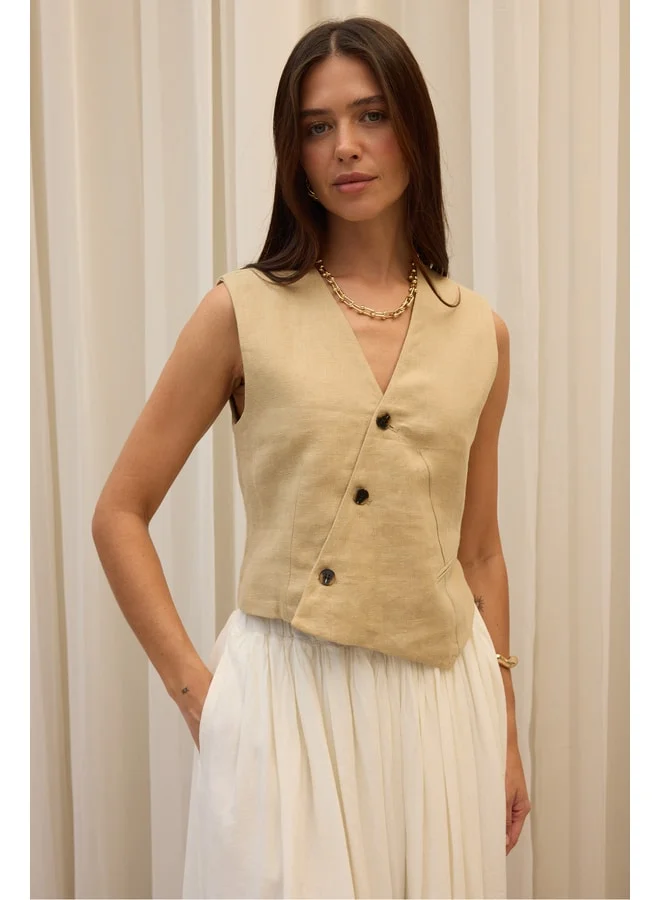Bohemai Elod Button Detail Khaki Linen Vest.
