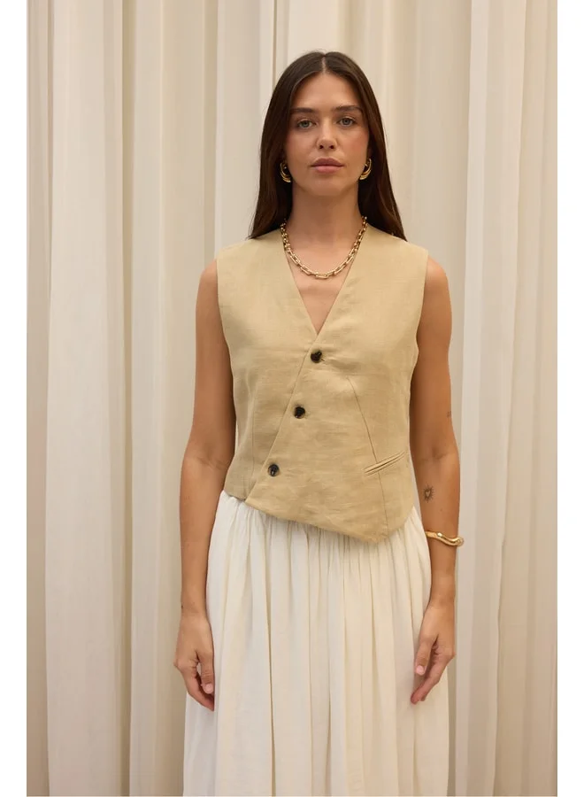 Bohemai Elod Button Detail Khaki Linen Vest.