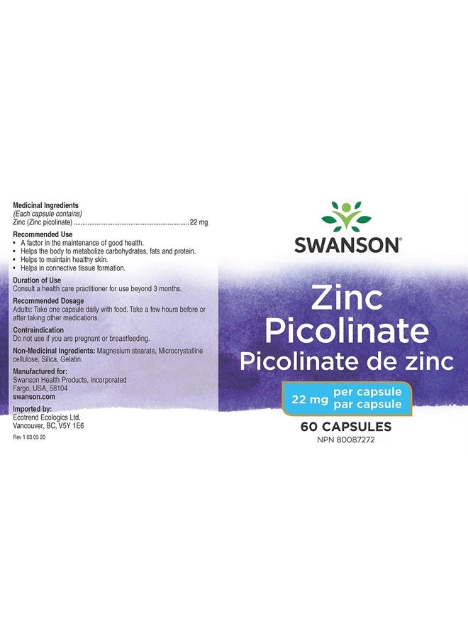 Zinc Picolinate - Mineral Supplement Promoting Prostate Health, Vision Health, & Immune Support - Body Preferred Form of Chelated Zinc - (60 Capsules, 22mg Each)