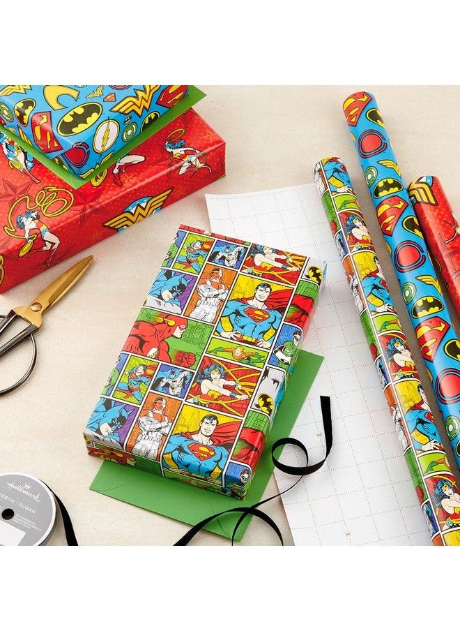 Hallmark - Justice League Wrapping Paper Bundle With Cut Lines On Reverse (3 Rolls 60 Sq. Ft. Ttl) Wonder Woman Batman Superman Flash Green Lantern - Image 1