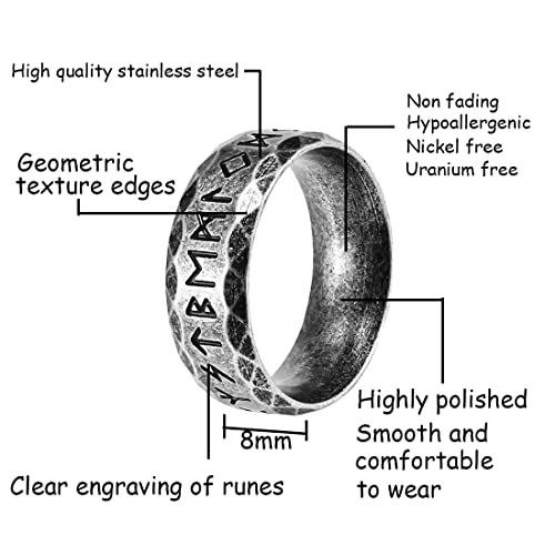 Nanafast Viking Rings for Men, Women Silver/Black/Vintage Stainless Steel Norse Rings for men, Runes Viking Ring Bands for Men-8MMRetro-9 - Image 2