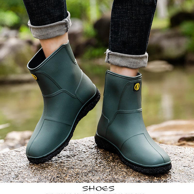 Mens Mid-Calf Rain Boots Non-Slip Durable Lined Work Green