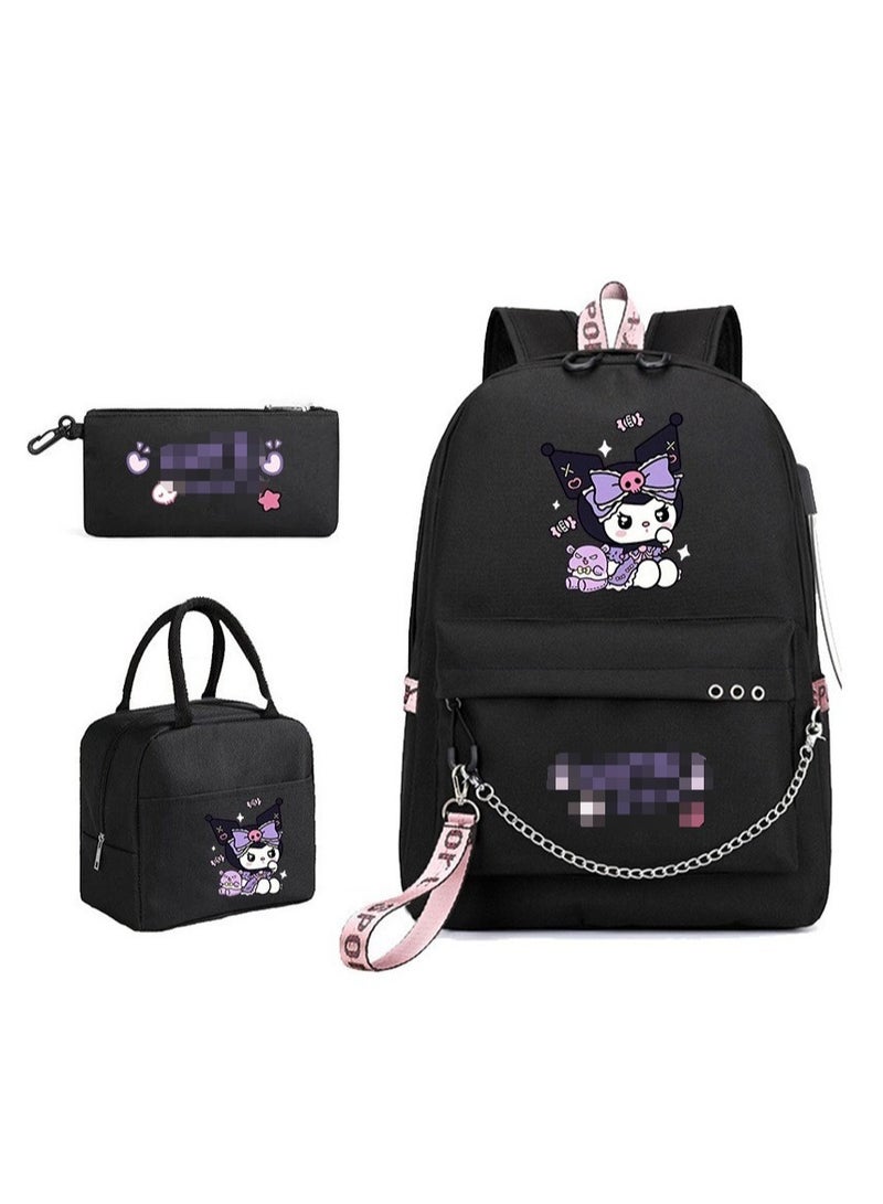 General Sanrio Kuromi Student Backpack + Small Shoulder Bag + Pencil Case Three-Piece Set, Men's and Women's Casual Sports Backpacks, Gifts for Kuromi Fans 