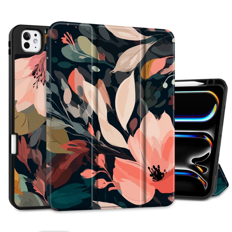 DONGKE Case for iPad Pro 11 inch (M5 2025 / M4 2024, 6th & 5th Generation) â€“ [Built-in Pencil Holder] Ultra Slim PU Leather Trifold Stand Cover with Soft TPU Back, Auto Wake/Sleep, Painted Florals - Image 1