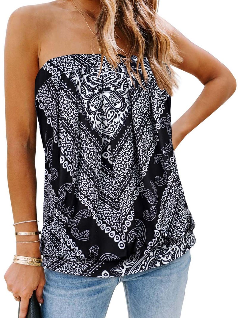 CHICGAL Women's Tube Tops Summer Strapless Bandeau Top Casual Off The Shoulder Sleeveless Shirt(Boho Black Triangle,L) - Image 1