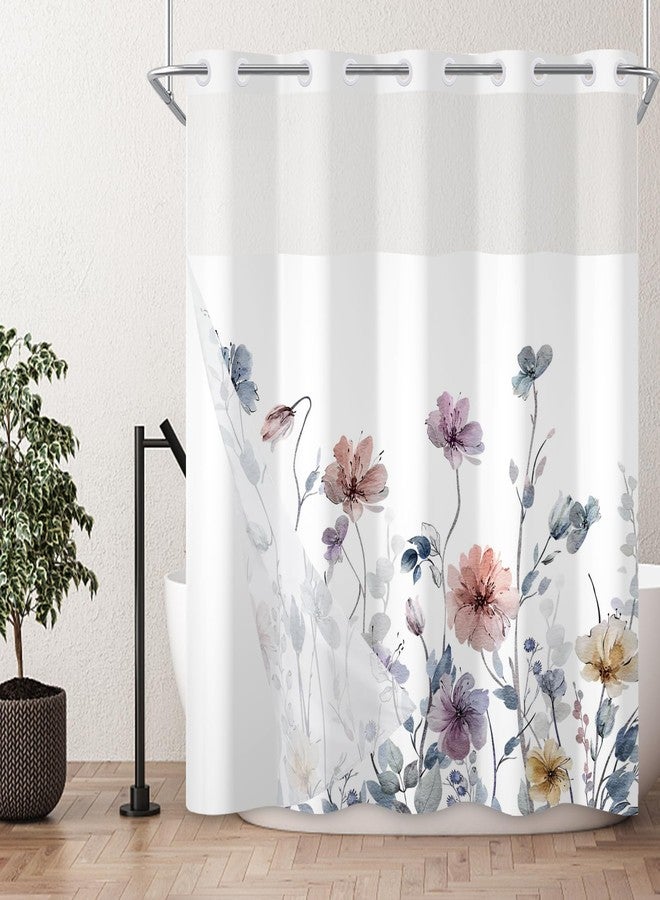 AWERT No Hook Shower Curtain with Snap in Liner Watercolor Floral Shower Curtain and Liner Set Double Layers Waterproof Fabric and See-Through Top Window Bathroom Decorative 71x74inch - Image 2