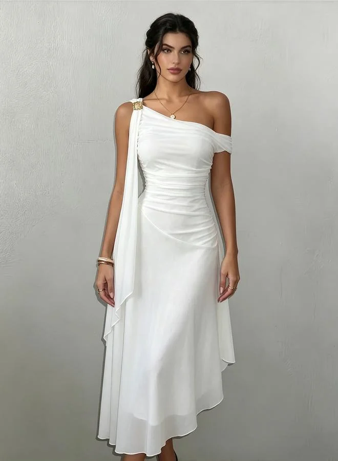 Take Two White One-Shoulder Chiffon Midi Dress