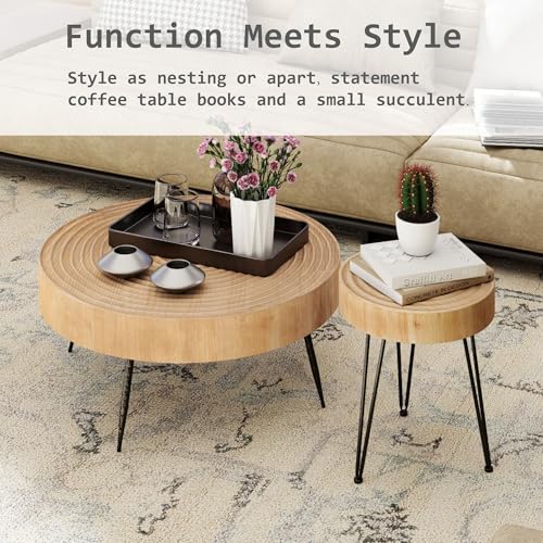 COZAYH 2-Piece Modern Farmhouse Living Room Coffee Table Set, Nesting Table Round Natural Finish with Handcrafted Wood Ring Pattern - Image 5