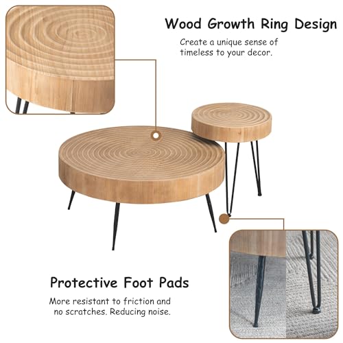 COZAYH 2-Piece Modern Farmhouse Living Room Coffee Table Set, Nesting Table Round Natural Finish with Handcrafted Wood Ring Pattern - Image 4