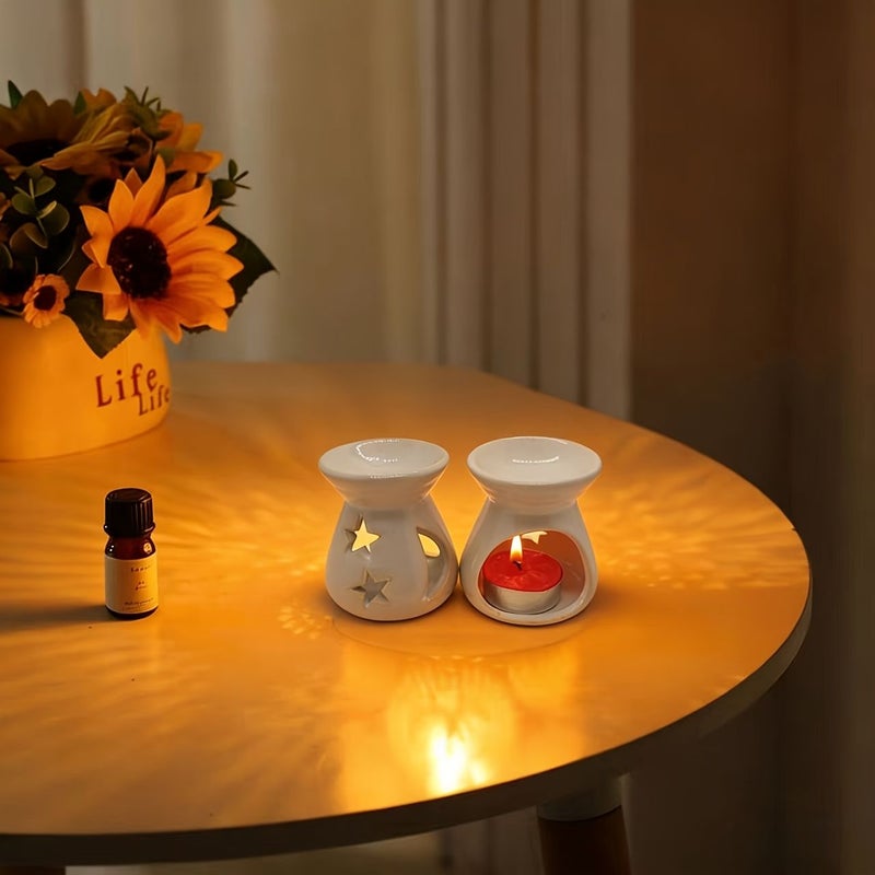 Two Stars White Ceramic Oil Burner Home Decor Ornament Festival Gift - Image 1
