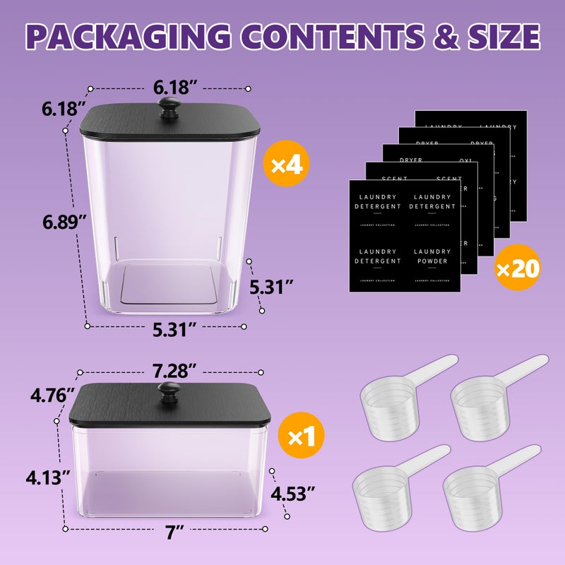 Moforoco 5 Pack Laundry Pods Container, Clear Laundry Room Organization Containers,Large Detergent Powder Storage, Black Wooden Lids & Labels, Acrylic Pods Holder - Image 2