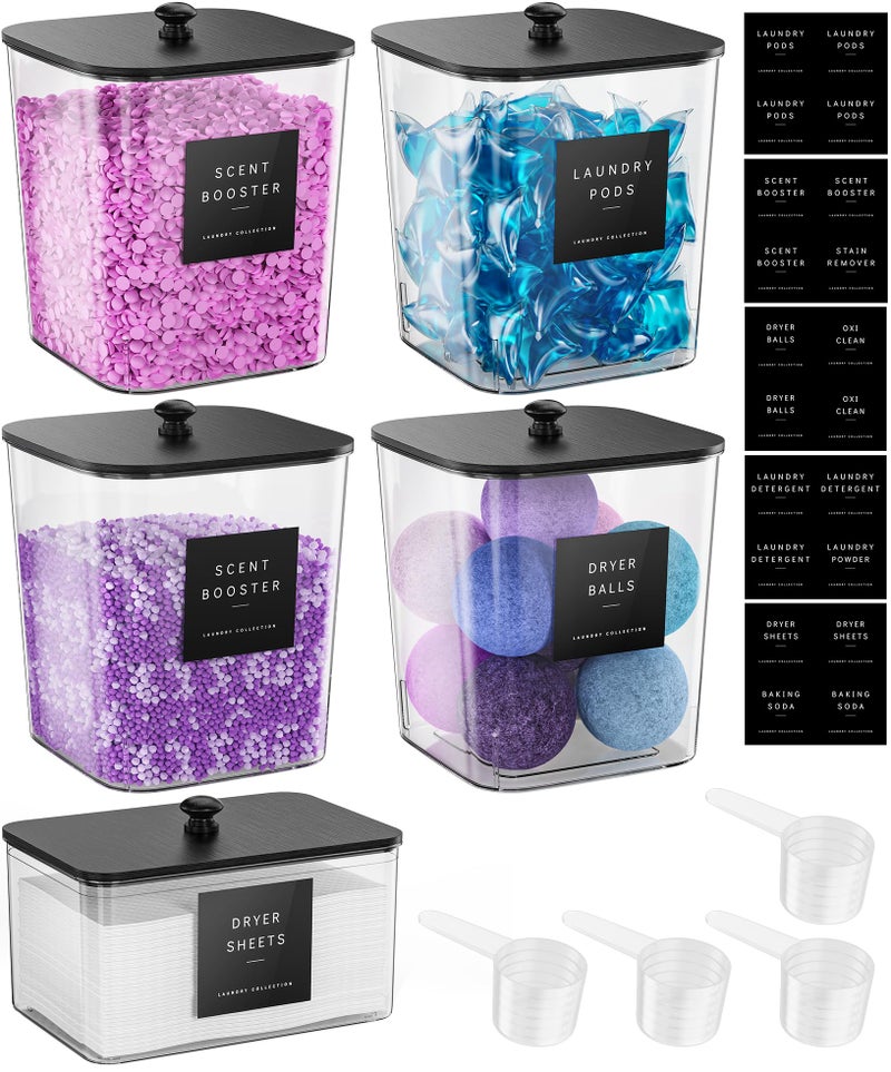 Moforoco 5 Pack Laundry Pods Container, Clear Laundry Room Organization Containers,Large Detergent Powder Storage, Black Wooden Lids & Labels, Acrylic Pods Holder - Image 1