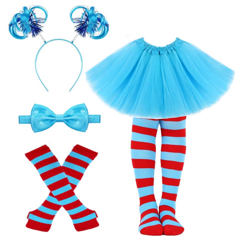 JcHrmers Cat Thing Costume Accessories Include Blue Ponytails Headband Bowtie Gloves Socking Blue Tutu Skirt for Book Week (1 Set) - Image 1