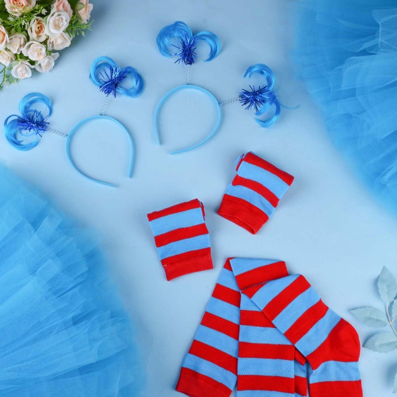 JcHrmers Cat Thing Costume Accessories Include Blue Ponytails Headband Bowtie Gloves Socking Blue Tutu Skirt for Book Week (1 Set) - Image 5