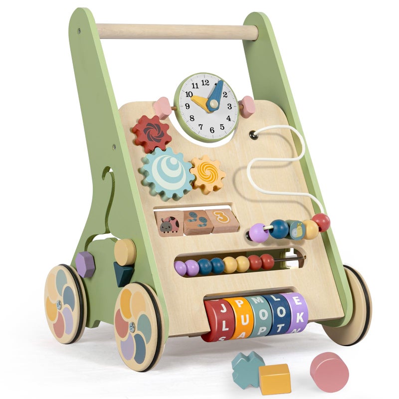 LOL-FUN Wooden Baby Walker with Wheels, Push Walker for Baby Boy 12 Months, Baby Activity Center Sit to Stand Walker Small Size - Image 1