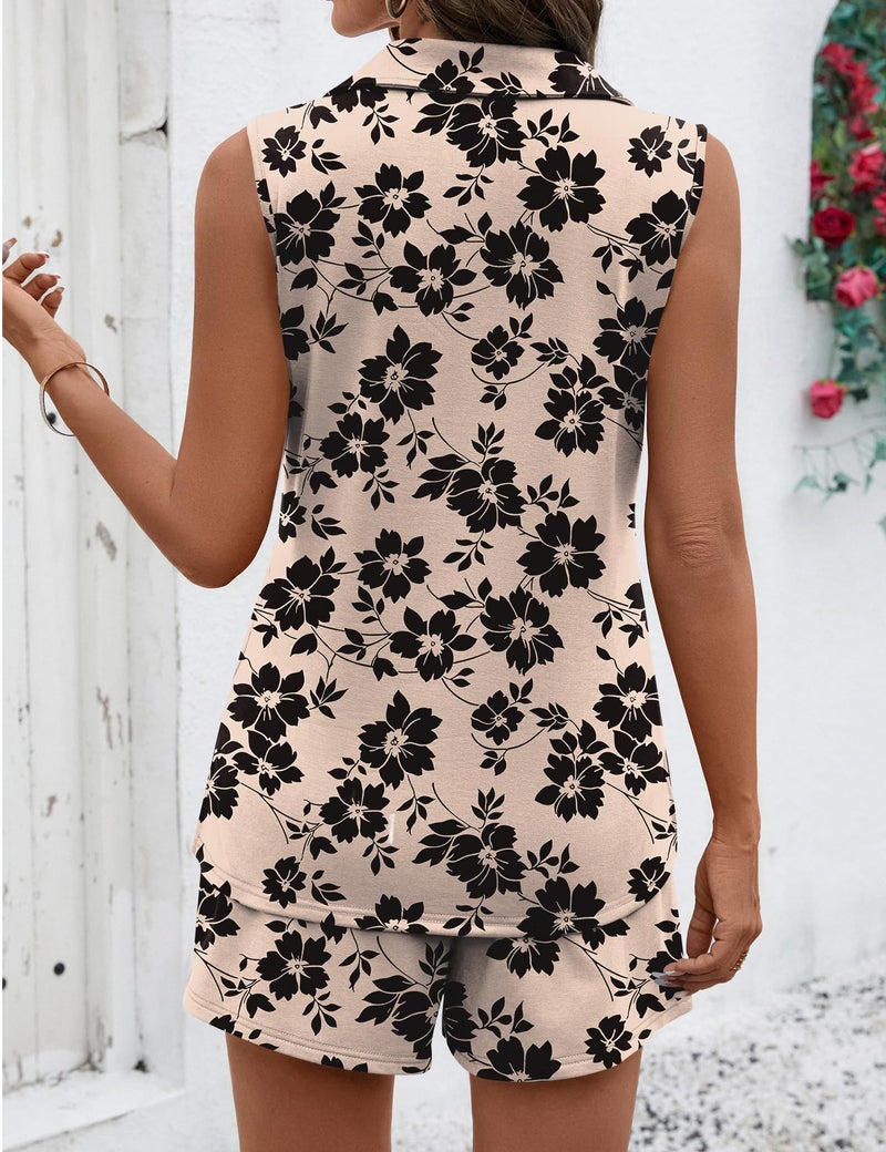 Rapbin 2 Piece Short Sets for Women Pullovers Comfy Lounge Set Air Essentials Sleeveless Outfits Travel Tracksuit (Apricot Black Floral, M) - Image 5