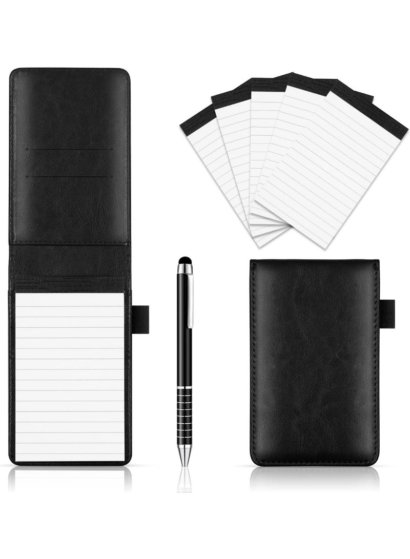 Mini Pocket Notepad Set, 14 x 9 CM Pocket Notepad Holder with Metal Pen, 50 Lined Sheets, Notepad for Business Professionals (Black+5 Pcs Memo Book Refills) - Image 1