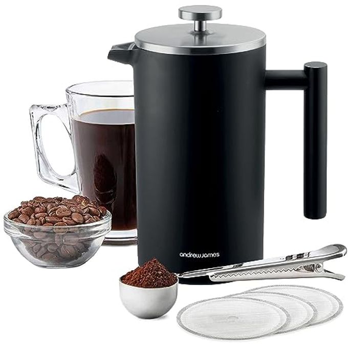 DOUBLE WALLED STAINLESS STEEL CAFETIERE GIFT SET WITH 3 MESH FILTERS COFFEE MEASURING SPOON AND BAG SEALING CLIP DELICIOUS FRENCH PRESS COFFEE EASY TO CLEAN 1000ML BLACK