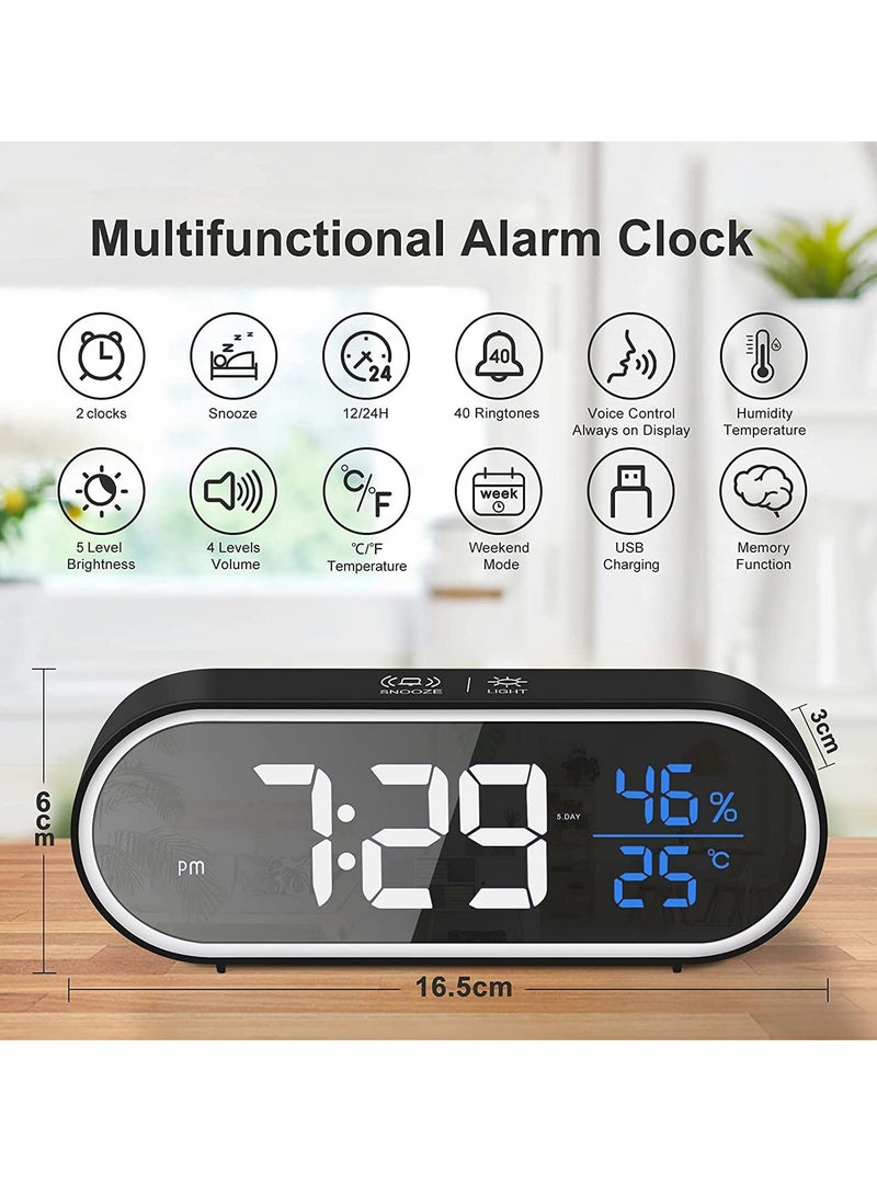 كاست ويف ساعة منبه رقمية، شاشة LED كبيرة مع مرآة مع رطوبة ودرجة حرارة ومنفذ شاحن USB و5 أنواع من السطوع و4 مستويات صوت وتحكم صوتي ذكي - Image 5