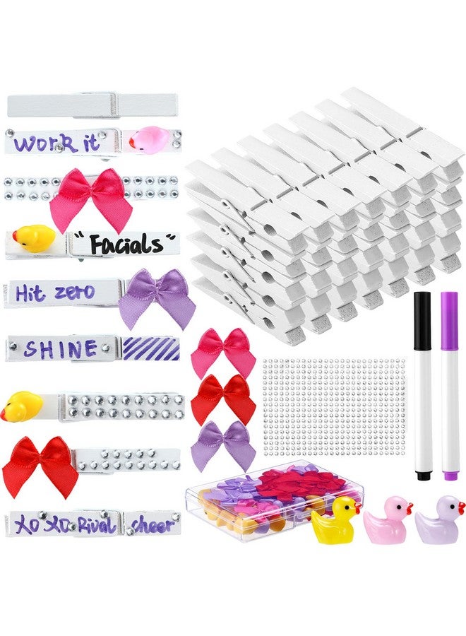 Dingion Dingion 60 Set Cheer Pins Spirit Clips Include 60 Wooden Cheer Clothes Pins 30 Mini Resin Ducks 30 Mini Bows and Self Adhesive Stickers Pen Glue Ribbon for Cheerleading Backpacks Cheer Gifts(White)  - Image 1