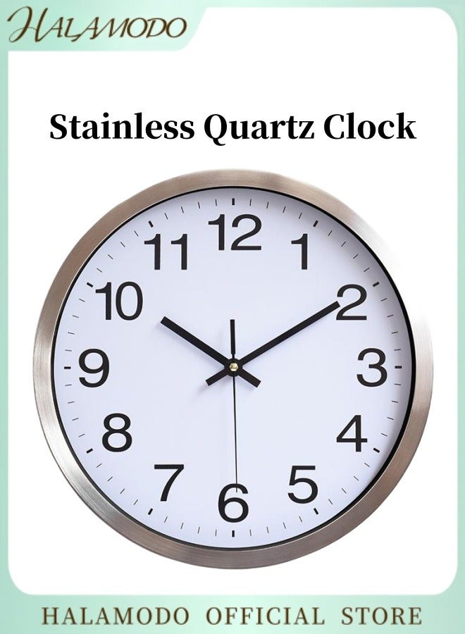 هالامودو ساعة حائط 12 بوصة تعمل بالبطارية دقيقة صامتة غير دقات ساعة كوارتز دائرية للحائط ساعة حائط حديثة من الفولاذ المقاوم للصدأ ديكور للمطبخ وغرفة النوم وغرفة المعيشة والمكتب والفصول الدراسية - Image 1
