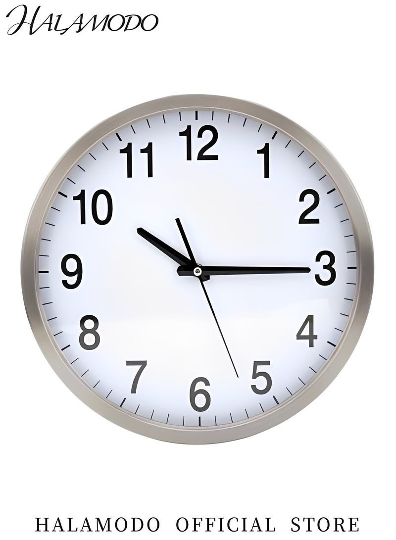 هالامودو ساعة حائط 12 بوصة تعمل بالبطارية دقيقة صامتة غير دقات ساعة كوارتز دائرية للحائط ساعة حائط حديثة من الفولاذ المقاوم للصدأ ديكور للمطبخ وغرفة النوم وغرفة المعيشة والمكتب والفصول الدراسية - Image 2