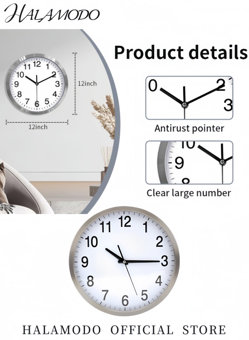 هالامودو ساعة حائط 12 بوصة تعمل بالبطارية دقيقة صامتة غير دقات ساعة كوارتز دائرية للحائط ساعة حائط حديثة من الفولاذ المقاوم للصدأ ديكور للمطبخ وغرفة النوم وغرفة المعيشة والمكتب والفصول الدراسية - Image 4