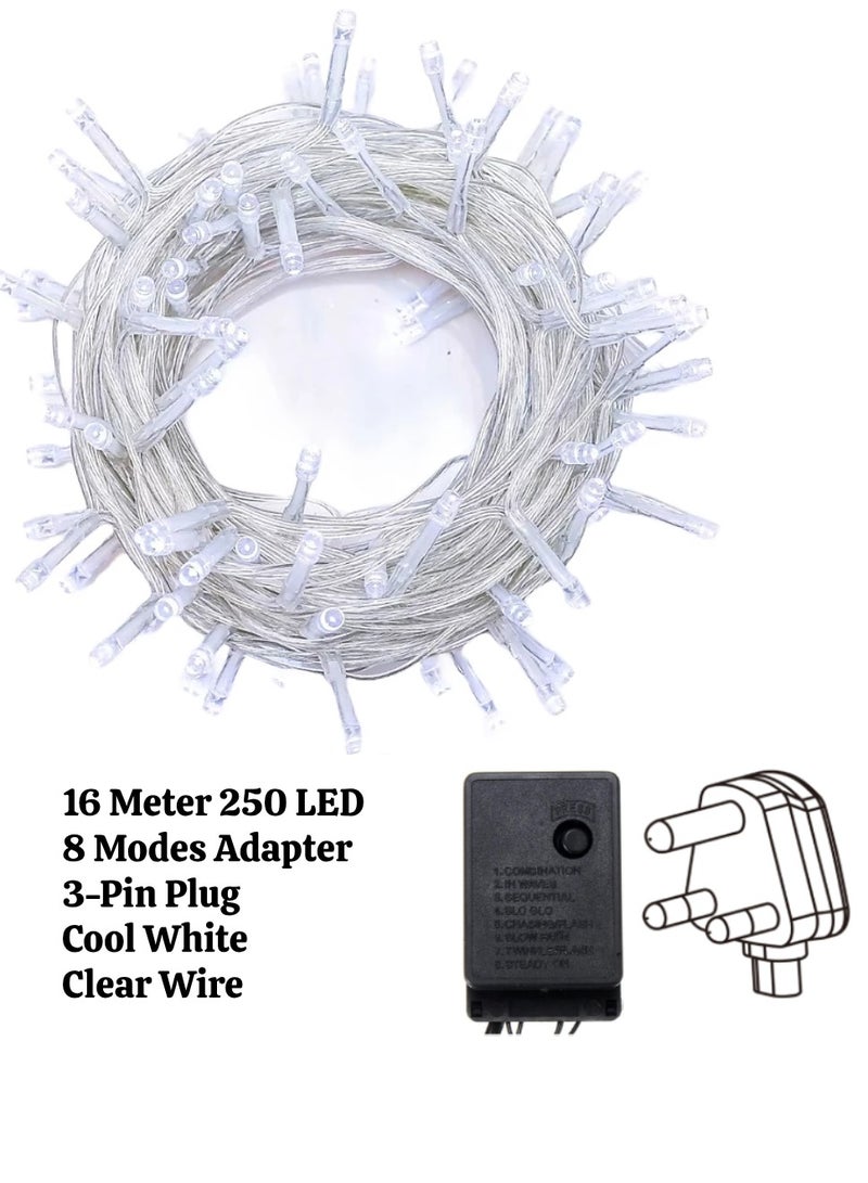 يوويل 16 متر 250 أضواء LED سلسلة أضواء الديكور ضوء أبيض بارد 8 أوضاع LED ضوء سلك واضح لديكورات المنزل أضواء رمضان ديكور داخلي وخارجي ديكور رمضان ضوء ديوالي أضواء الستار مع 3 دبوس المملكة المتحدة التوصيل - Image 2