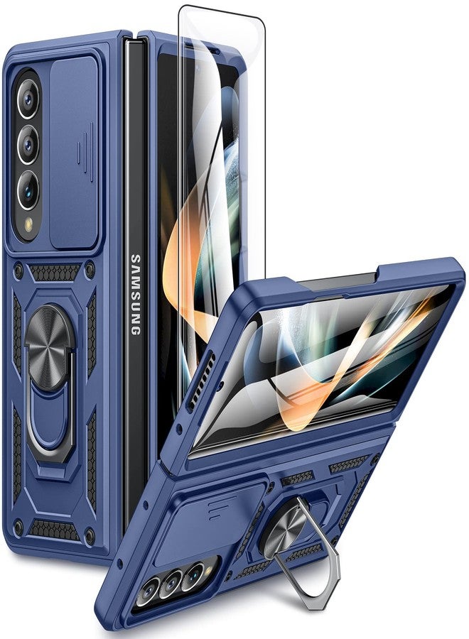 VEGO for Samsung Z Fold 4 Case, with Slide Camera Cover & Screen Protector Built-in 360° Rotate Ring Stand Protective Cover Case for Samsung Galaxy Z Fold 4 5G 2022 - Blue - Image 1