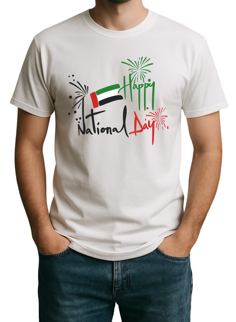 Happy National Day UAE T-Shirt – Fireworks & Flag Celebration Design  Patriotic Tee for Men - Image 1