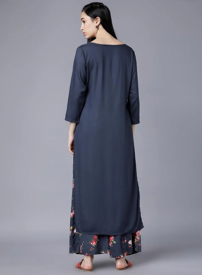 Vishudh Vishudh Women Blue Floral Printed Rayon Kurta with Palazzo Pants