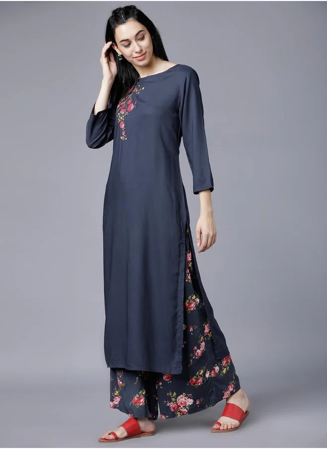 فيشود Women Blue Floral Printed Rayon Kurta with Palazzo Pants by Styli