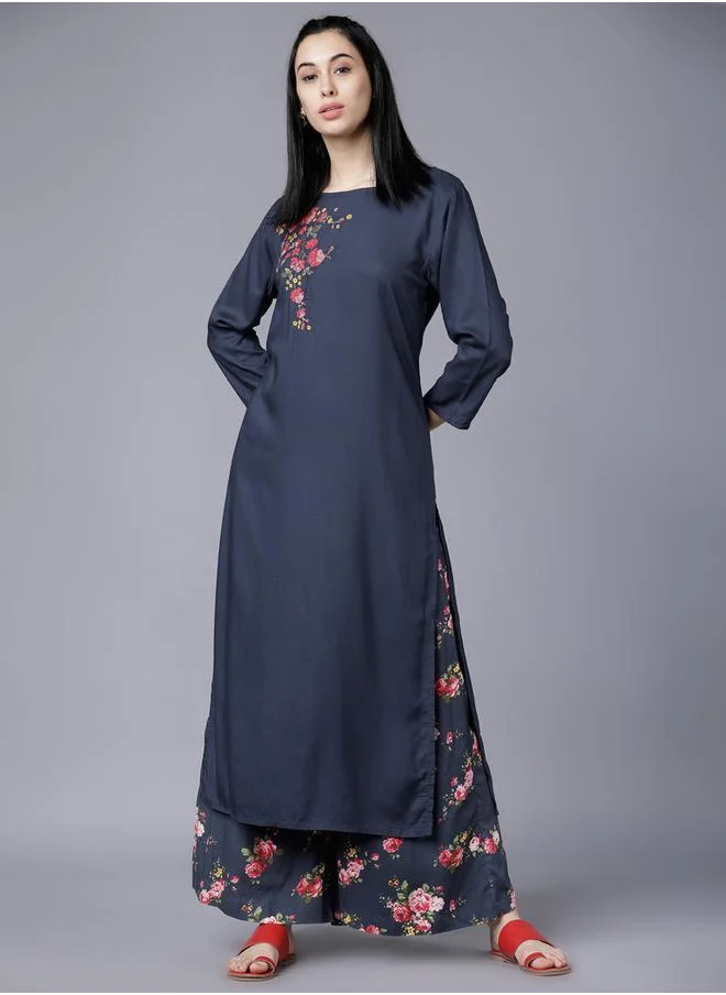فيشود Women Blue Floral Printed Rayon Kurta with Palazzo Pants by Styli