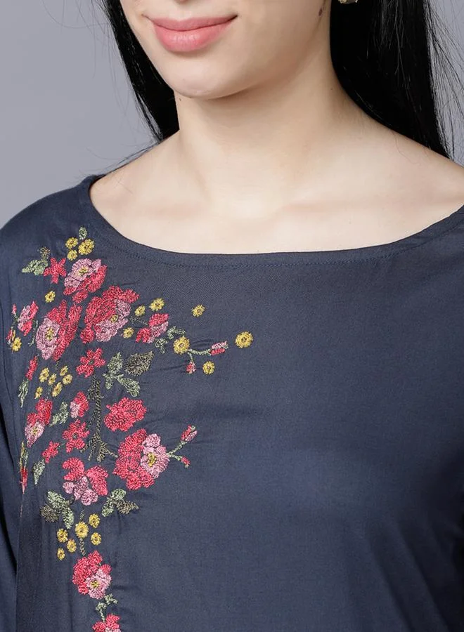Vishudh Vishudh Women Blue Floral Printed Rayon Kurta with Palazzo Pants