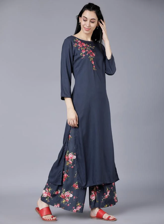 Vishudh Vishudh Women Blue Floral Printed Rayon Kurta with Palazzo Pants