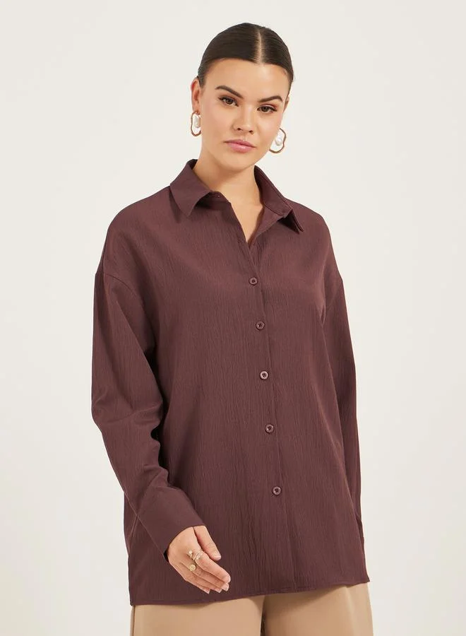 Styli Textured Long Sleeve Oversized Shirt