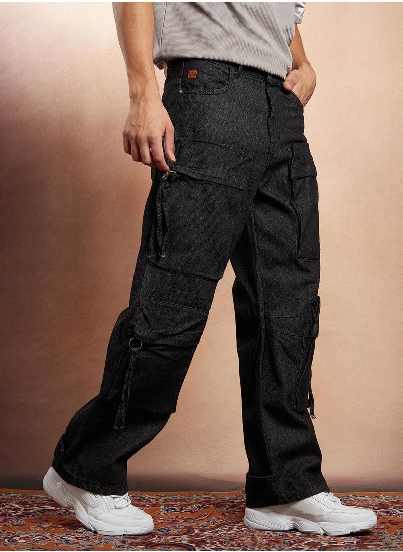 Campus Sutra Campus Sutra Men's Charcoal Black Baggy Utility Denim Jeans For Casual Wear | Mid-Rise | Relaxed Fit | Button Closure | Denim Jeans Crafted With Comfort Fit For Everyday Wear  - Image 3