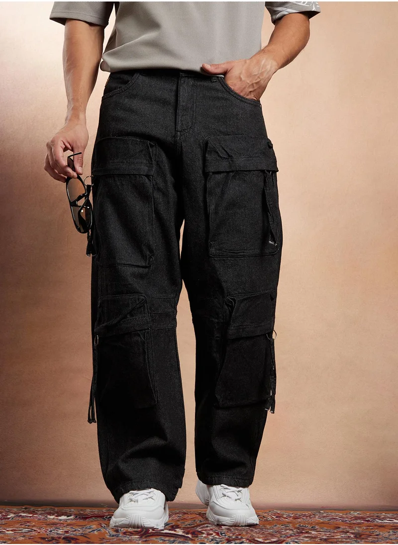 Campus Sutra Campus Sutra Men's Charcoal Black Baggy Utility Denim Jeans For Casual Wear | Mid-Rise | Relaxed Fit | Button Closure | Denim Jeans Crafted With Comfort Fit For Everyday Wear