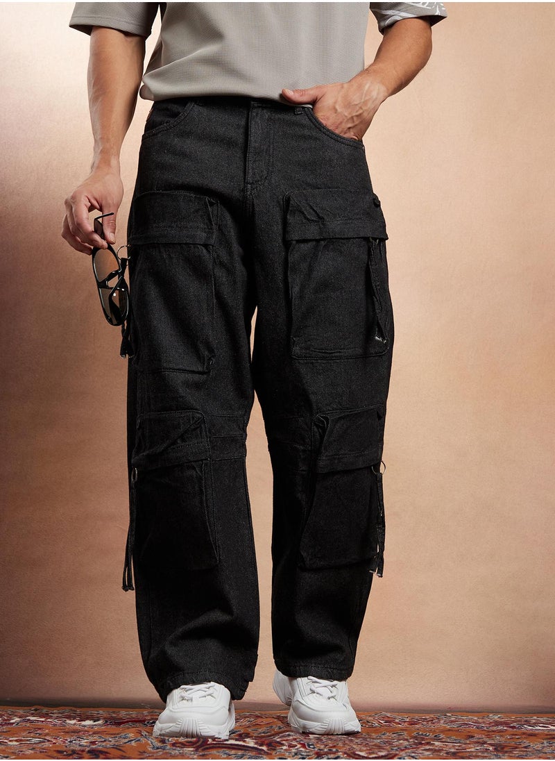 Campus Sutra Campus Sutra Men's Charcoal Black Baggy Utility Denim Jeans For Casual Wear | Mid-Rise | Relaxed Fit | Button Closure | Denim Jeans Crafted With Comfort Fit For Everyday Wear  - Image 1